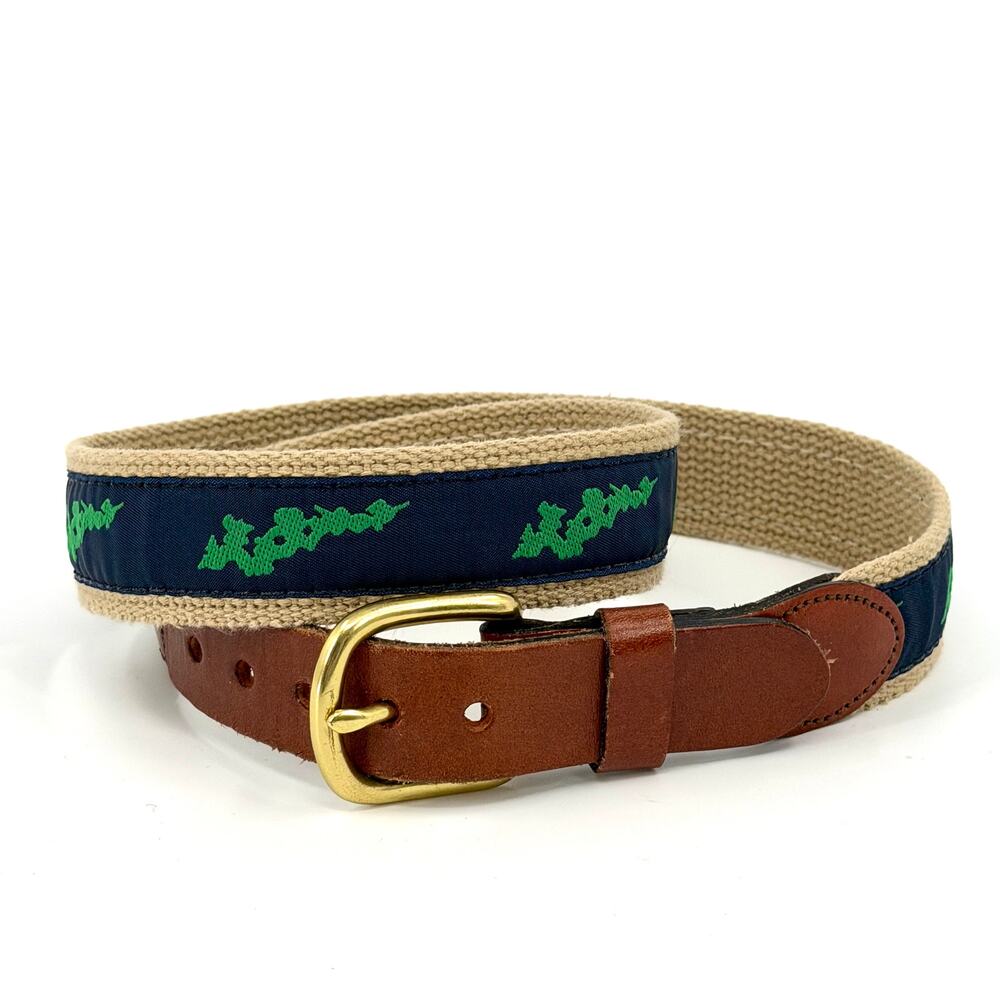 Vintage 90s Leather Man Ltd Marthas Vineyard Preppy Brass Buckle Web Belt